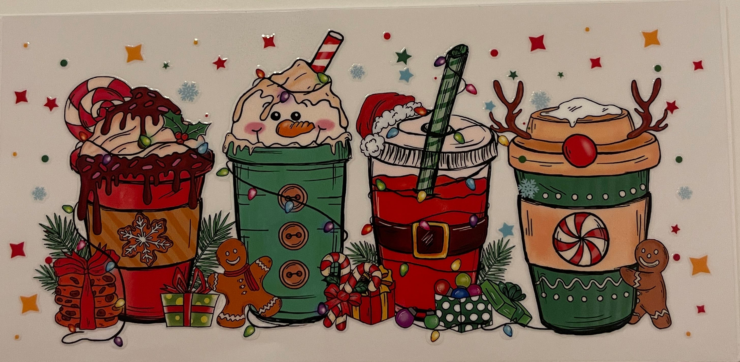 Four Christmas Cups Snowman Antlers Santa