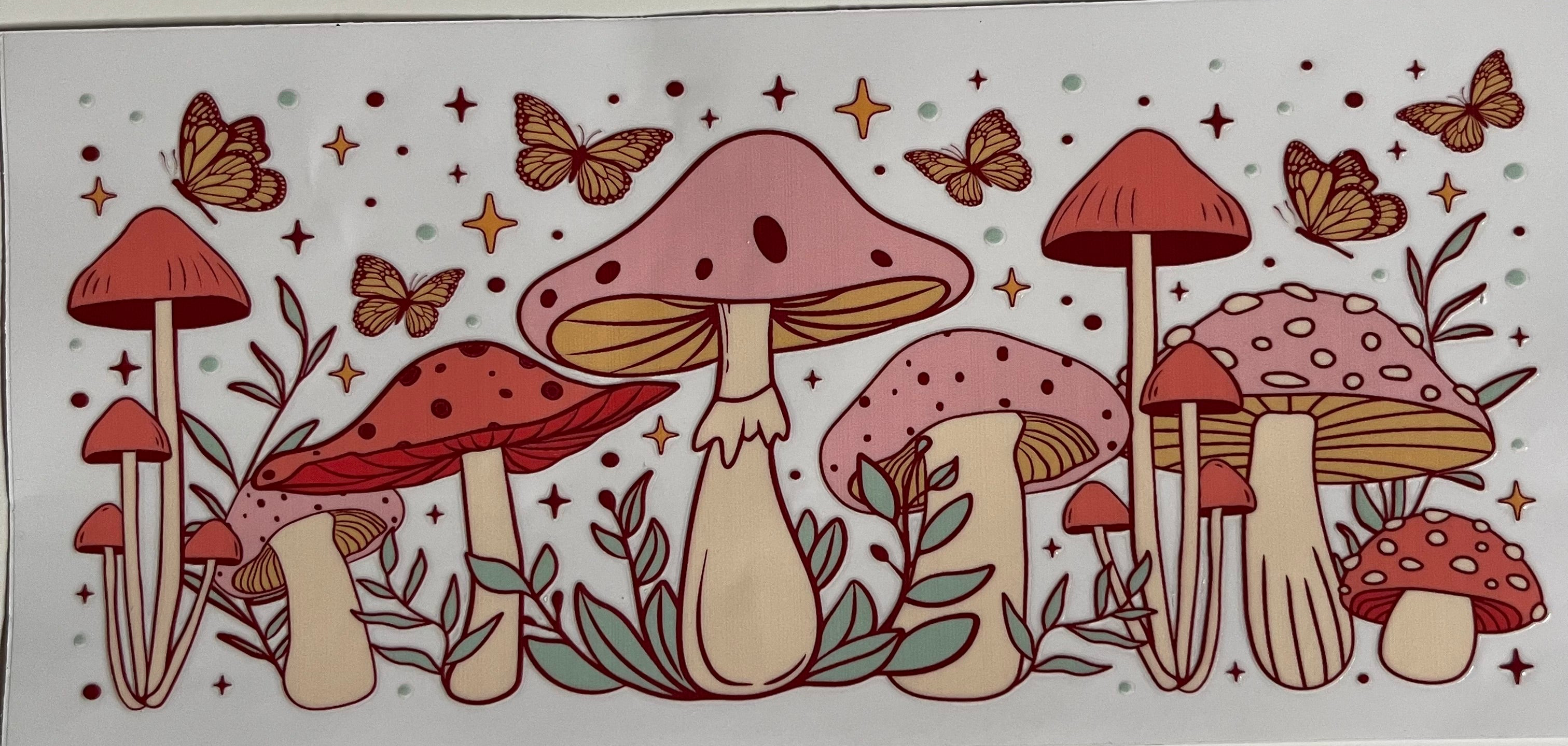 Pink Mushrooms with Butterflies